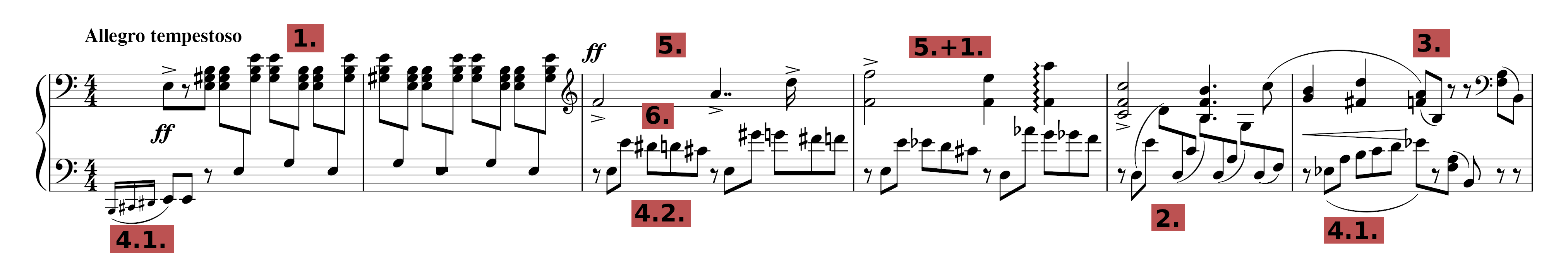 Prokofjev – tria Piana sonato en A-minora; mezuroj 1–6